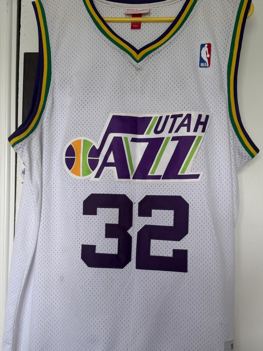 NBA Utah Jazz White Jersey with Purple, Green, and Gold Accents #32 Malone